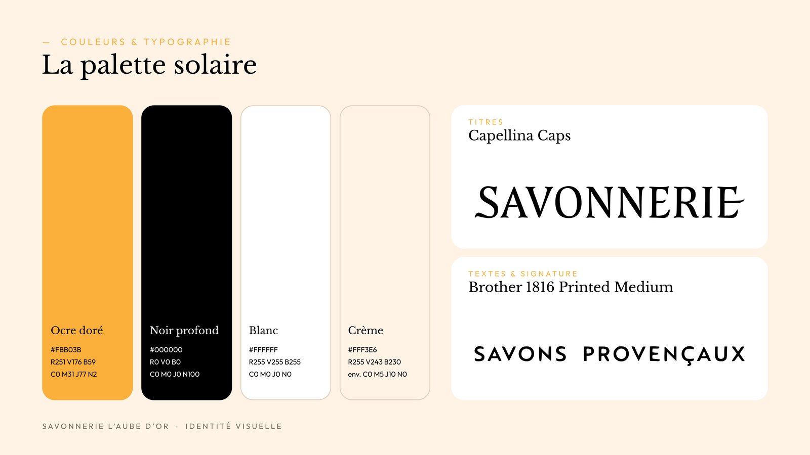 Palette solaire ocre doré, noir, blanc et crème, typographies Capellina Caps et Brother 1816