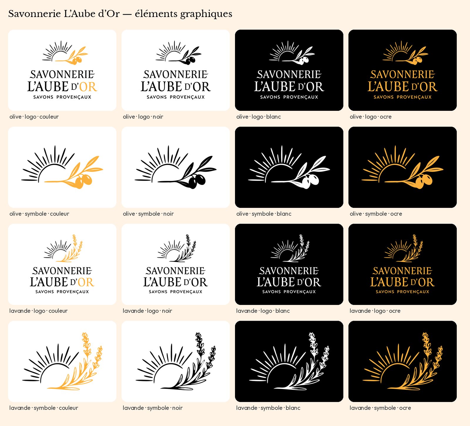 Planche de toutes les déclinaisons du logo et du symbole, gammes Olive et Lavande