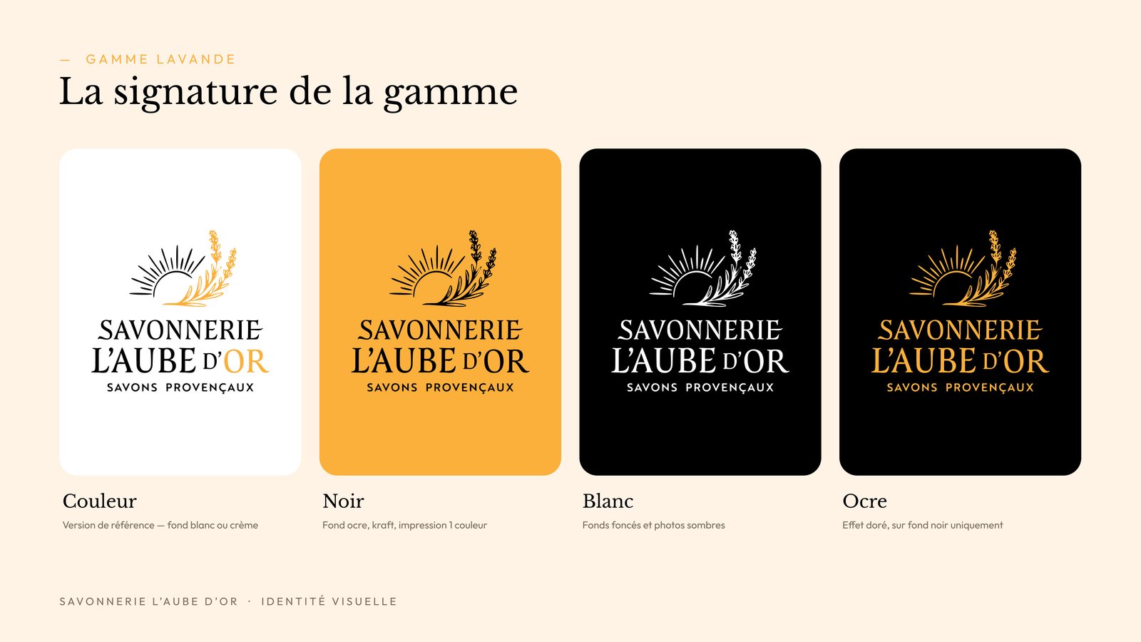 Logo de la gamme Lavande en quatre versions : couleur, noir, blanc et ocre