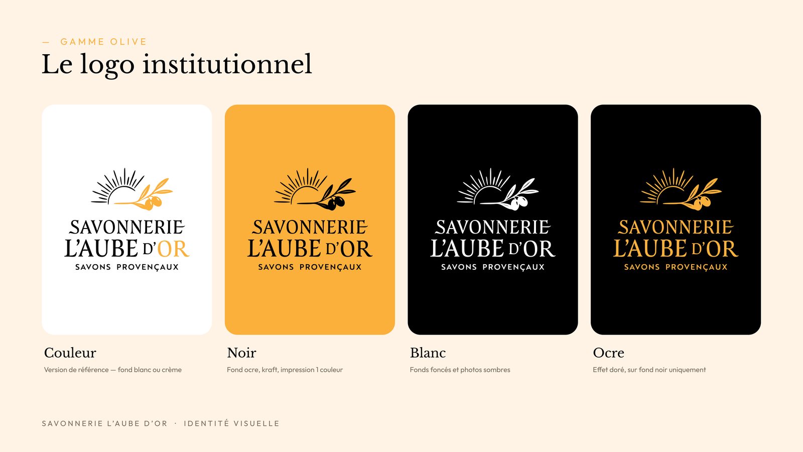 Logo de la gamme Olive en quatre versions : couleur, noir, blanc et ocre