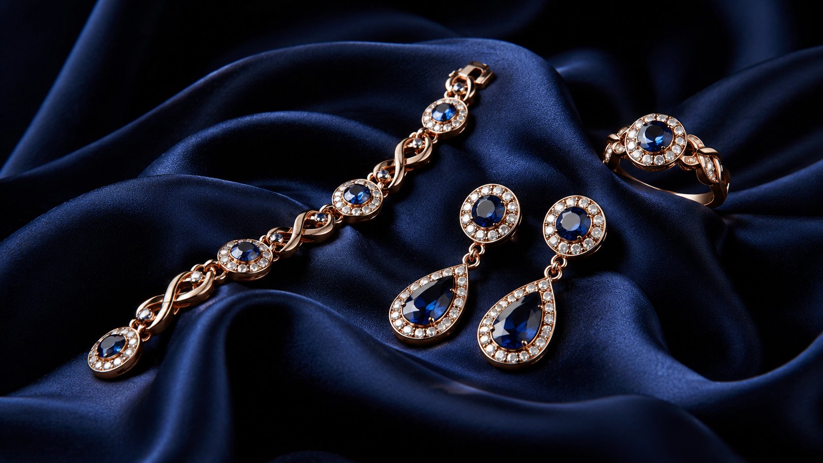 Bracelet, boucles d'oreilles et bague de la collection BJR, saphirs et strass sur soie bleu nuit