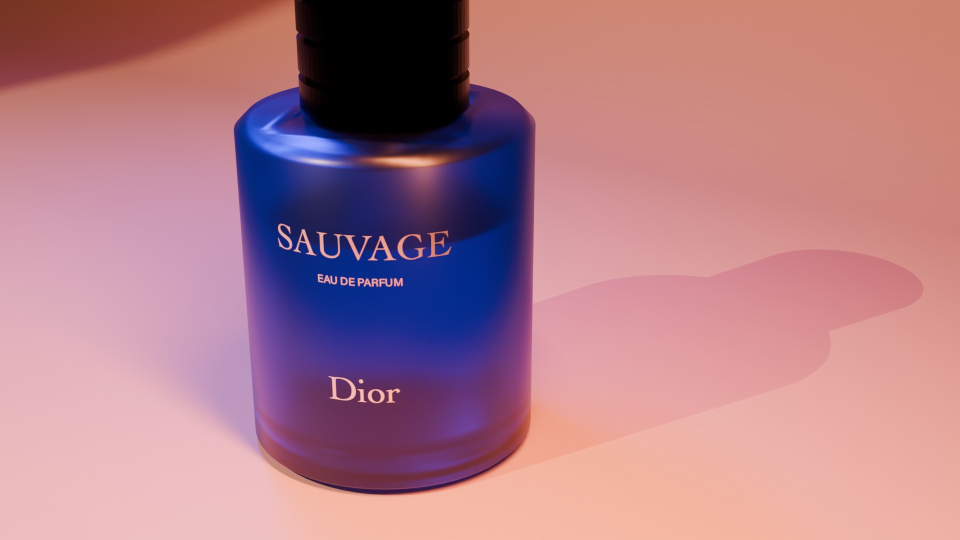 Flacon Dior Sauvage en 3D vu de près, ombre portée allongée sur la surface rose et orangée