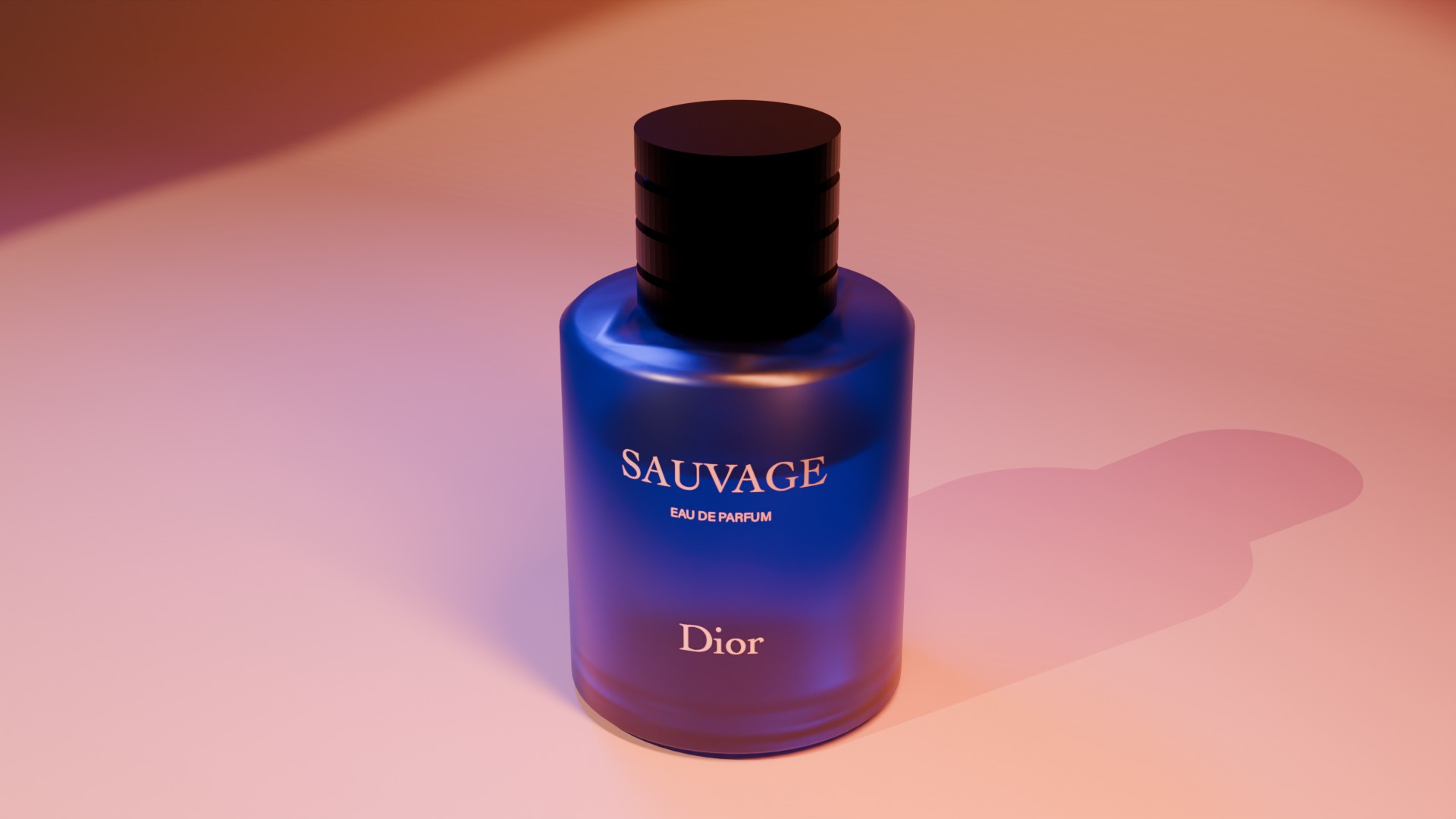 Flacon Dior Sauvage en 3D, cadrage rapproché avec son ombre portée sur fond dégradé rose