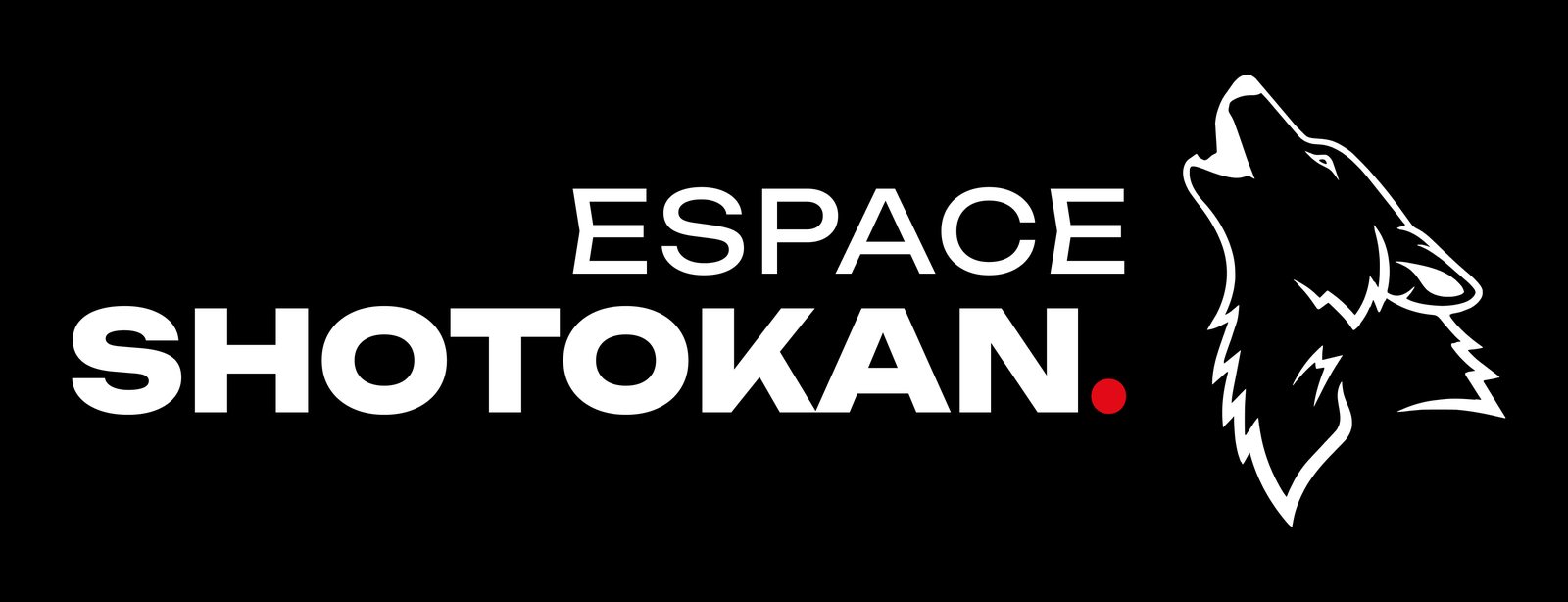 Logo Espace Shotokan blanc sur fond noir, loup hurlant et point rouge