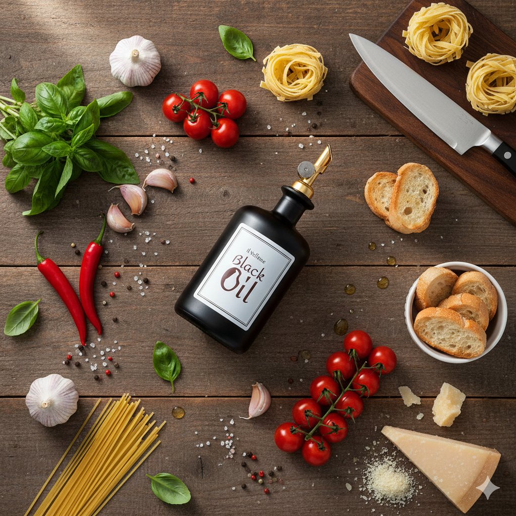 Bouteille Black Oil sur un plan de travail avec ingrédients italiens