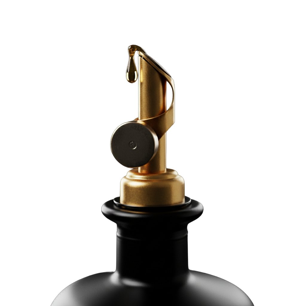 Détail du bouchon doré verseur de la bouteille Black Oil