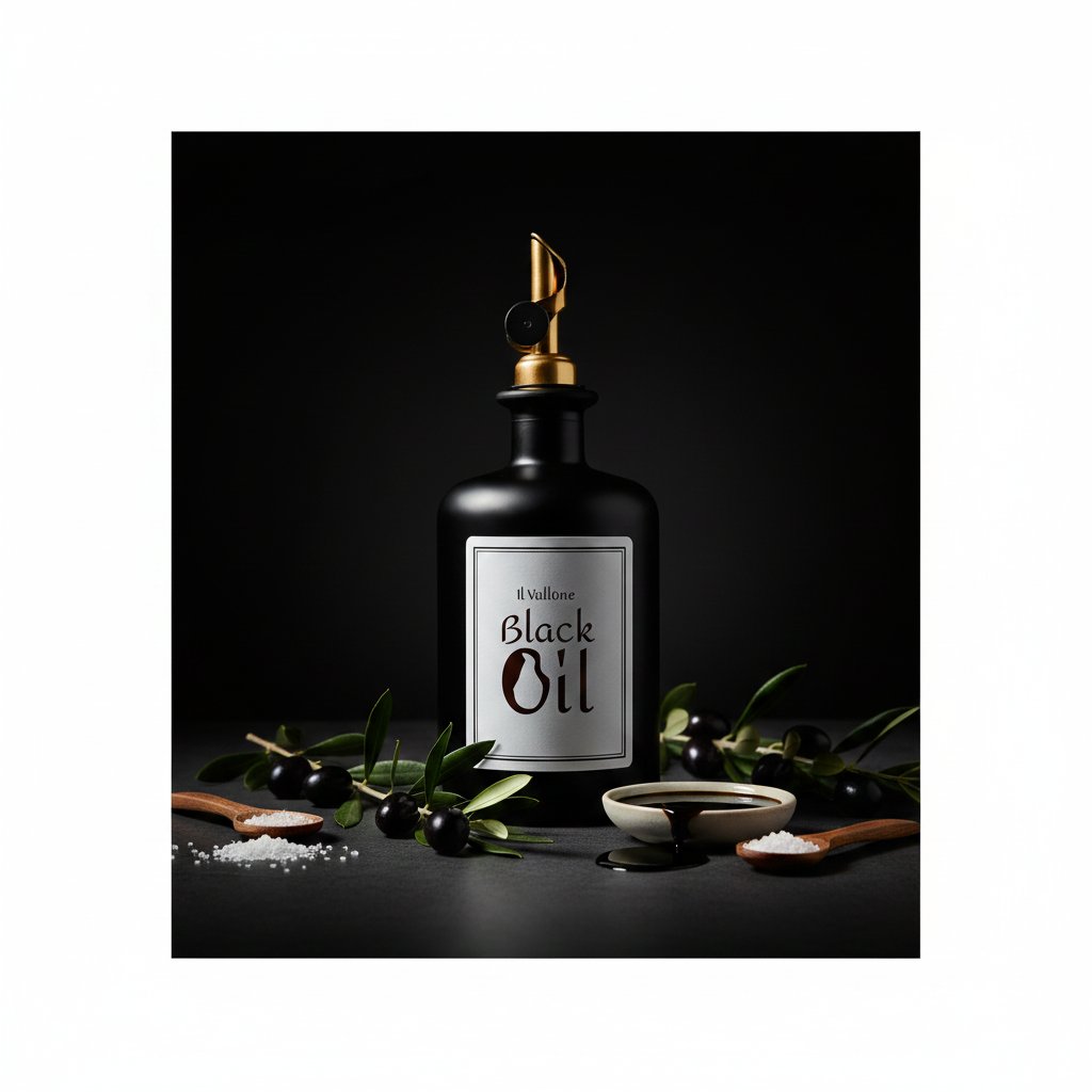 Bouteille Black Oil par Il Vallone, mise en scène noir et or avec olives