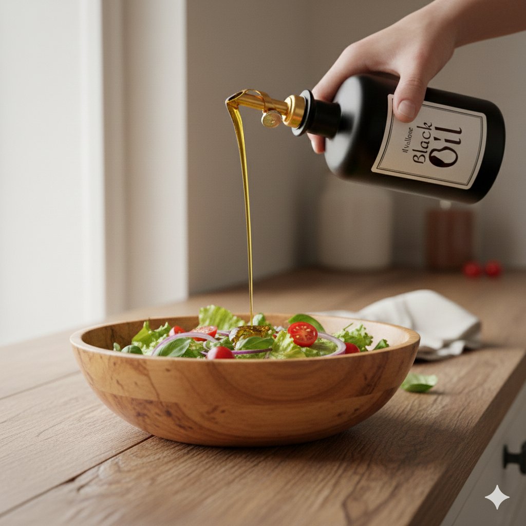 Black Oil versée sur une salade dans un saladier en bois