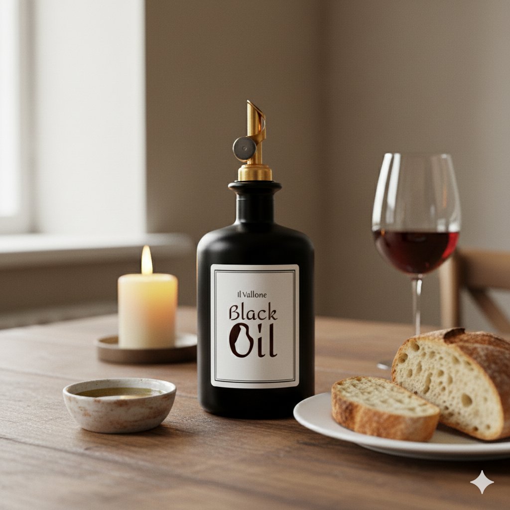 Bouteille Black Oil sur une table dressée avec pain, vin et bougie