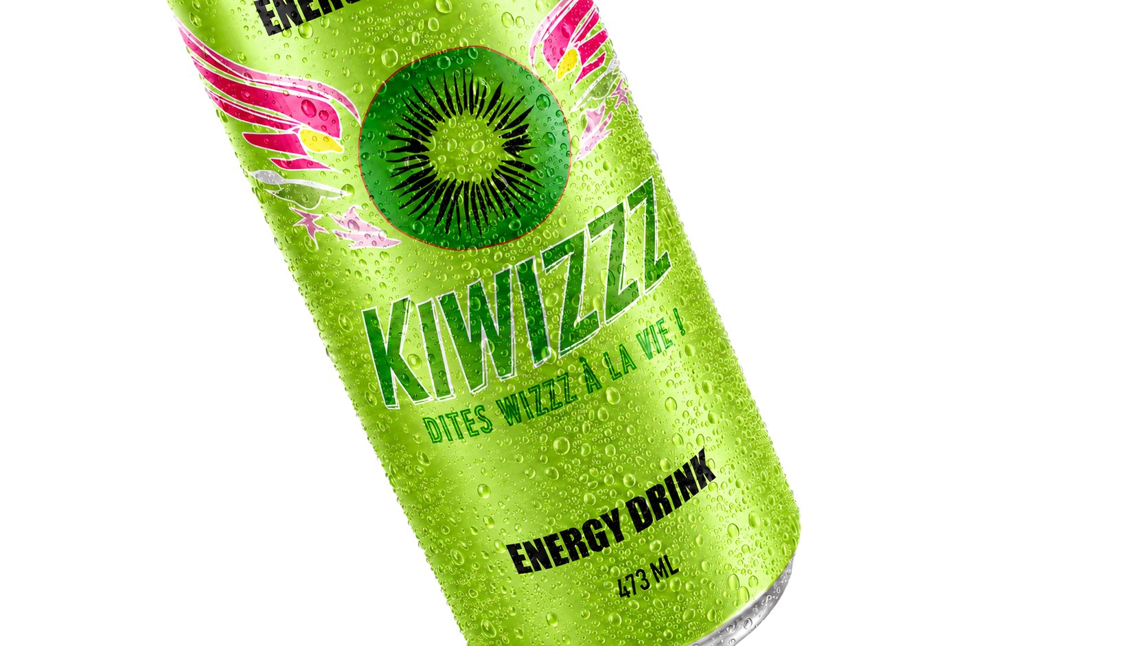 Canette Kiwizzz, boisson énergisante au kiwi, packaging vert et rose