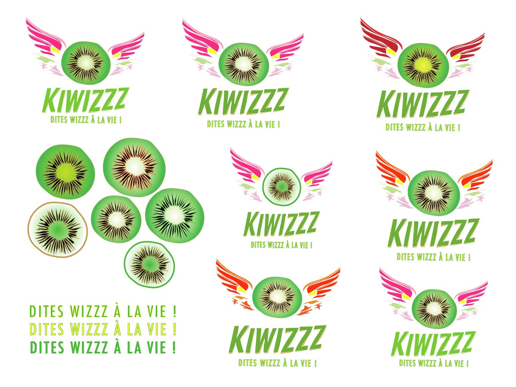 Planche de recherches et déclinaisons du logo Kiwizzz