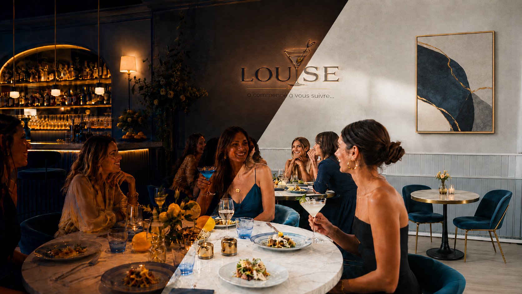 Identité Louise appliquée en salle : logo sur le mur, clientèle attablée