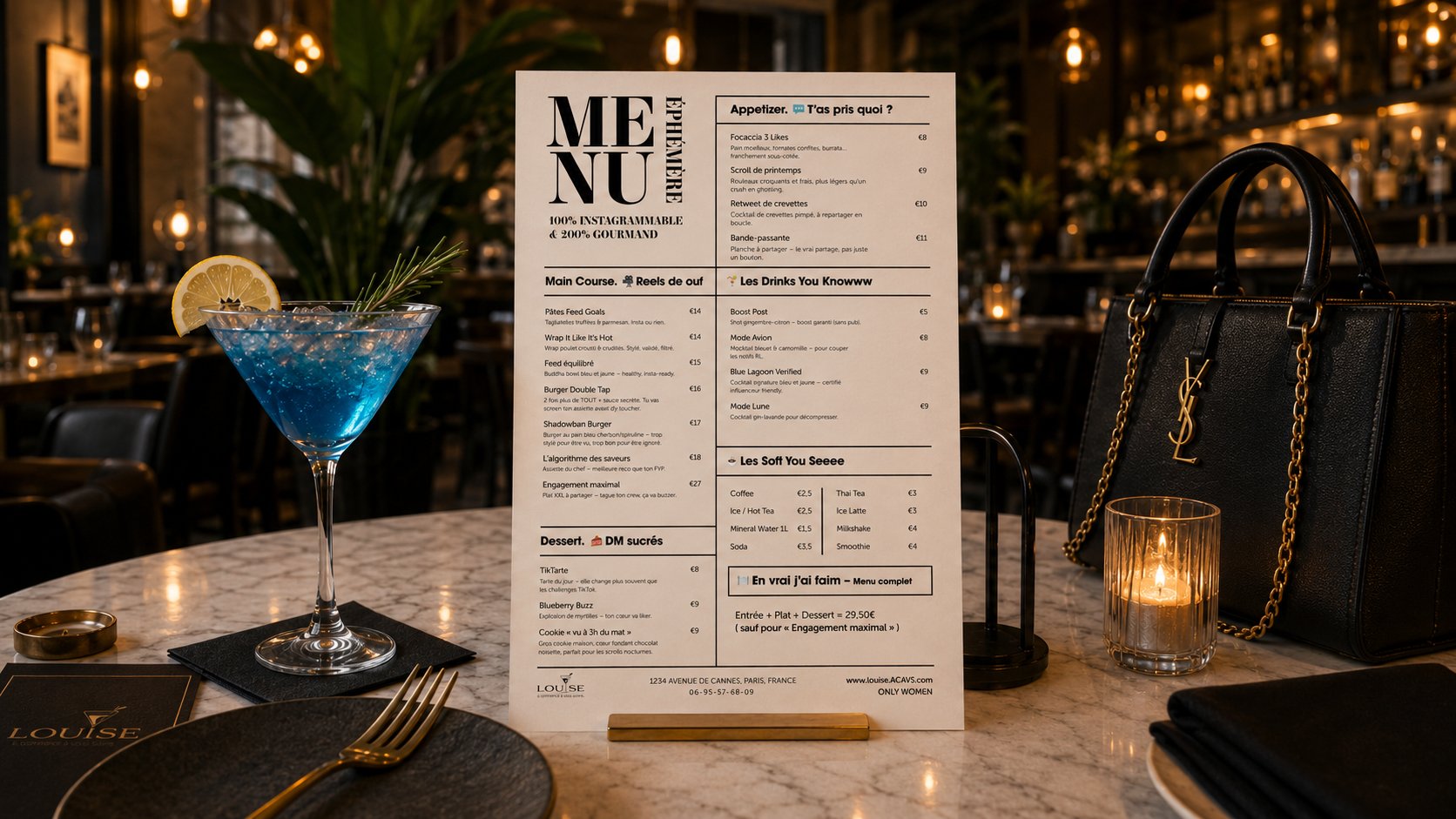 Menu éphémère Louise mis en scène sur une table, cocktail bleu