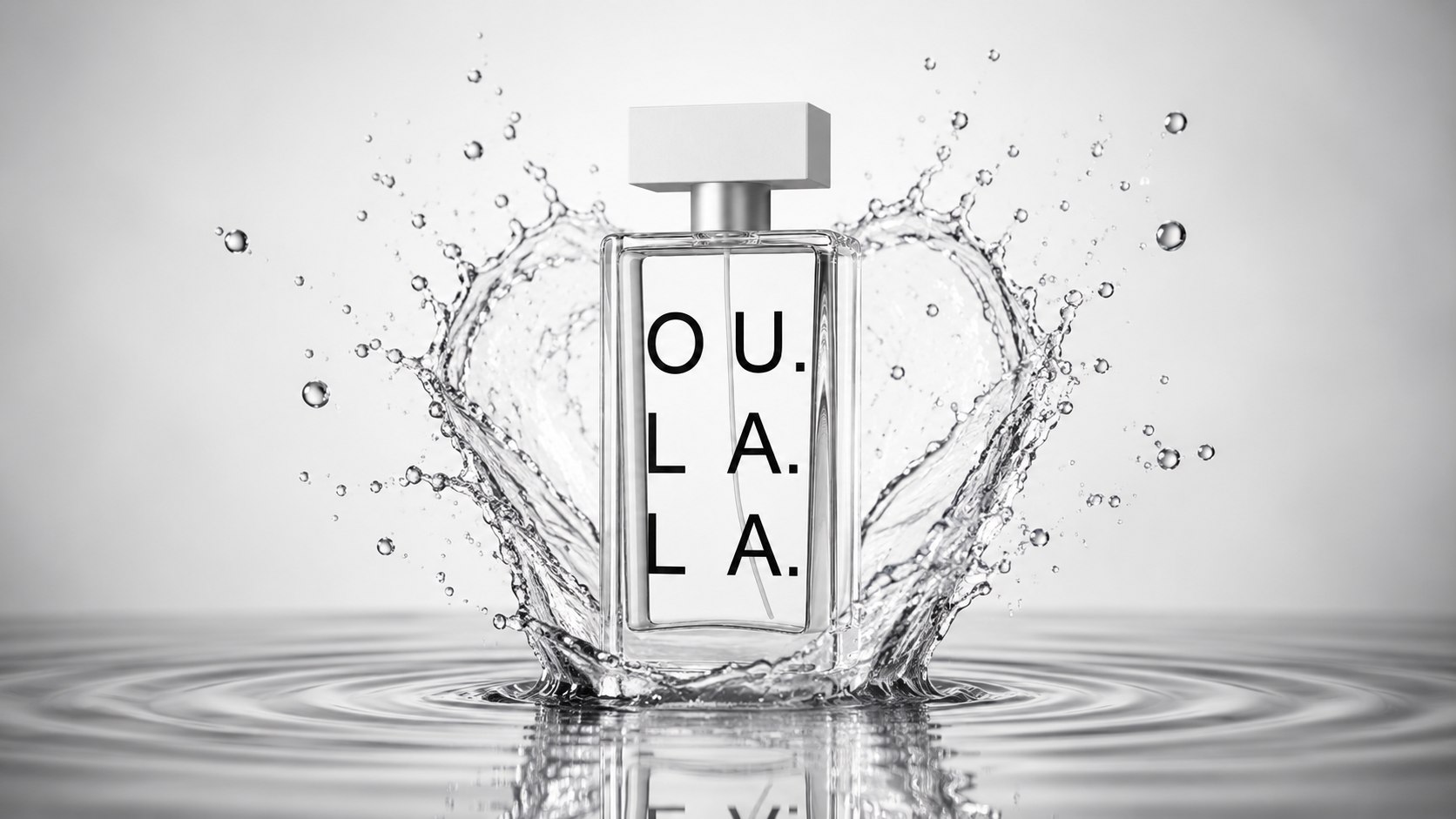 Flacon de parfum OU.LA.LA. dans une éclaboussure d'eau en noir et blanc