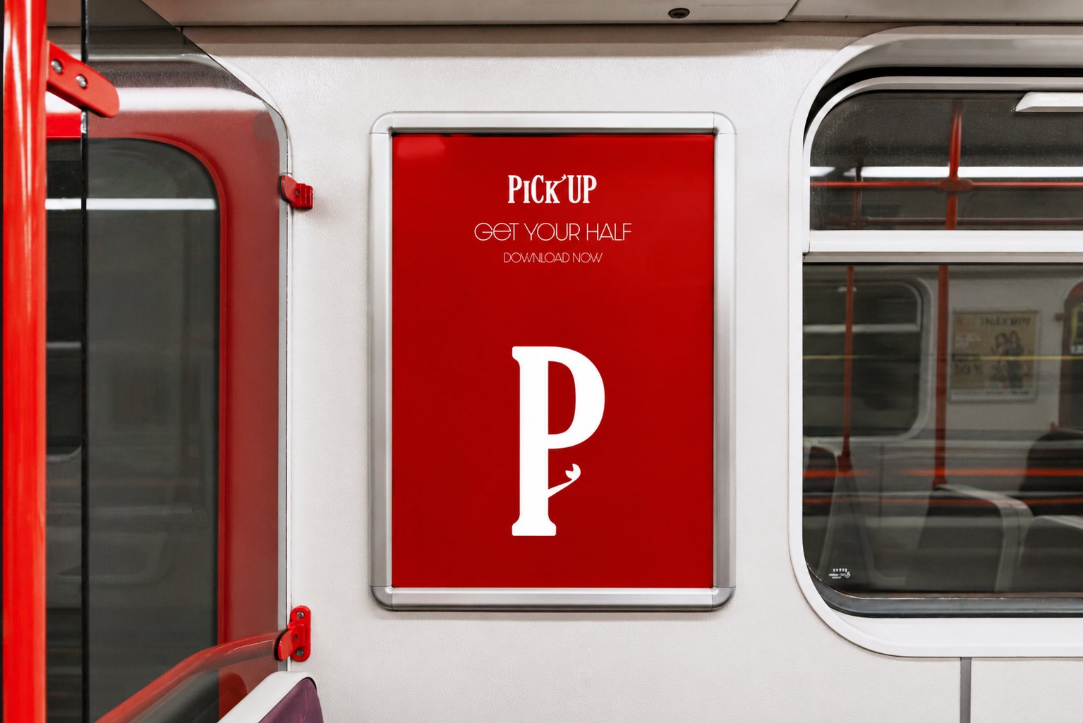 Affiche publicitaire Pick Up dans le métro, fond rouge, wordmark et logo P blanc