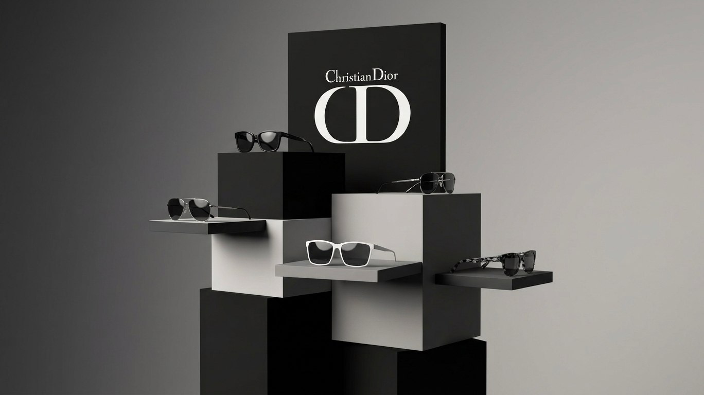 PLV Christian Dior, présentoir 3D noir et blanc pour lunettes de soleil, vue dynamique