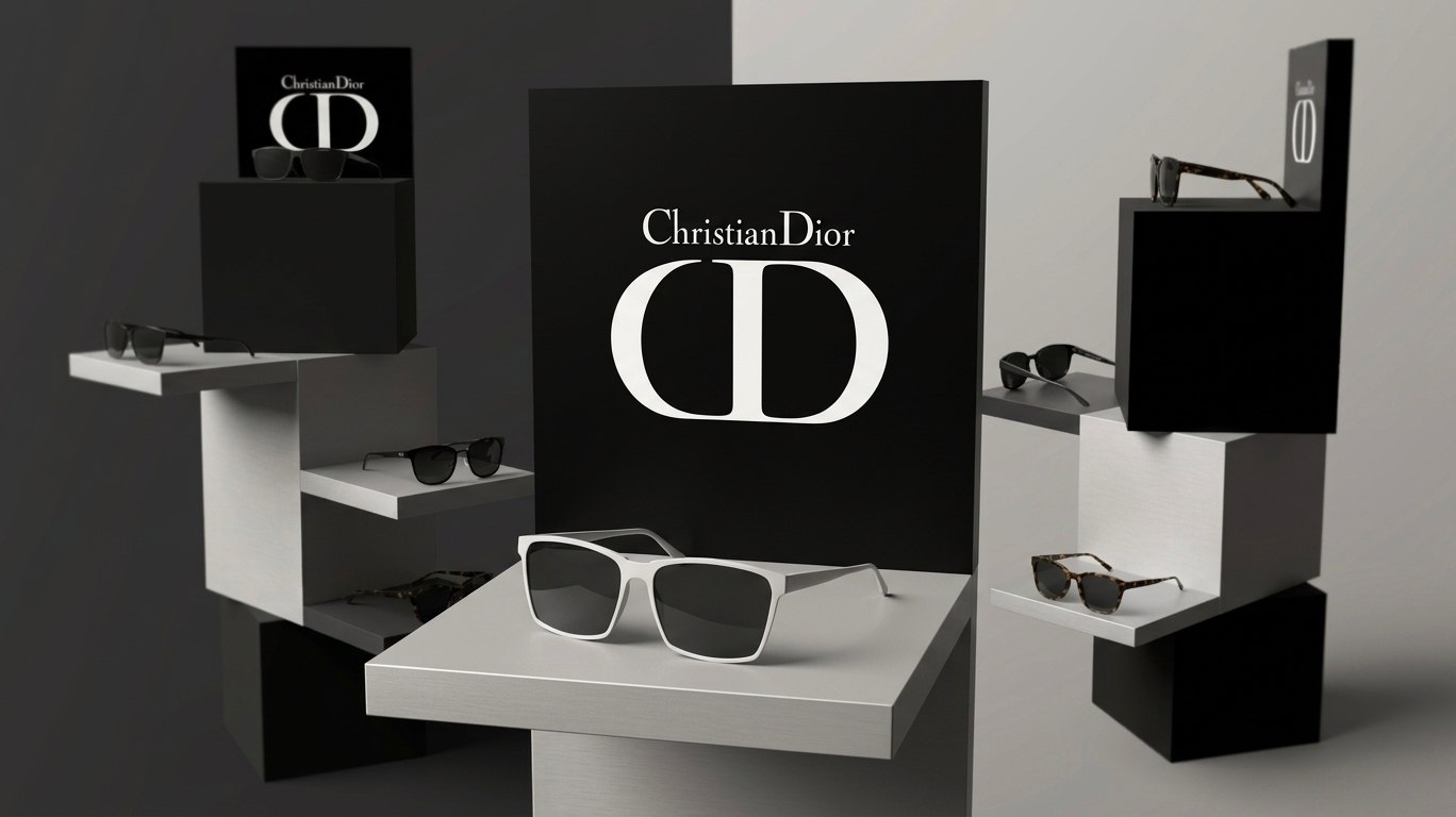 PLV Christian Dior, présentoir 3D noir et blanc pour lunettes de soleil, vue d'ensemble