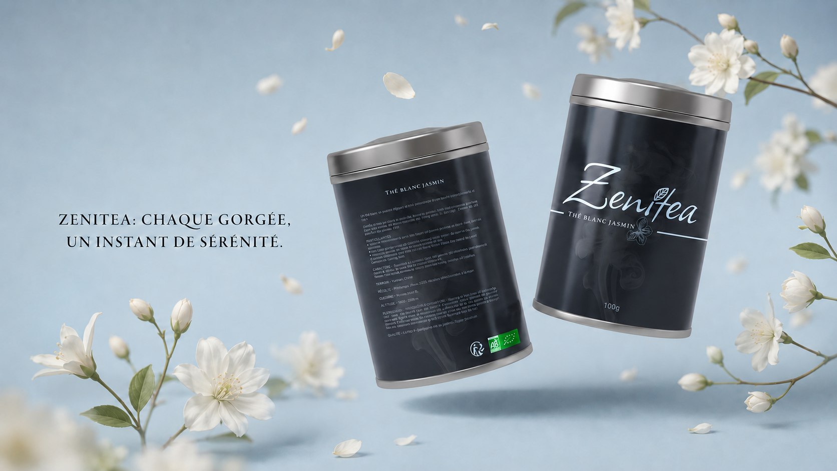 Boîtes de thé Zenitea, packaging noir et argent