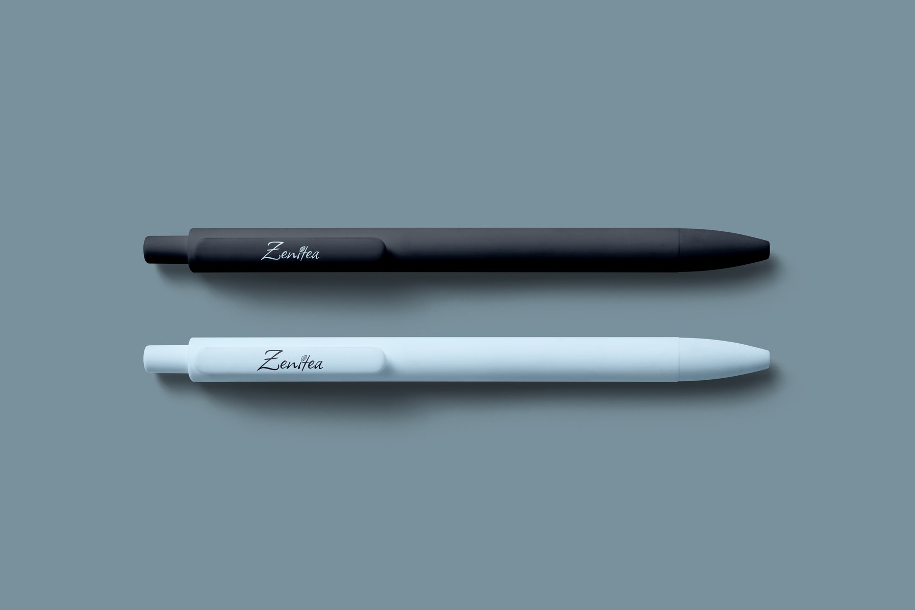 Stylos Zenitea noir et bleu clair, logo floqué